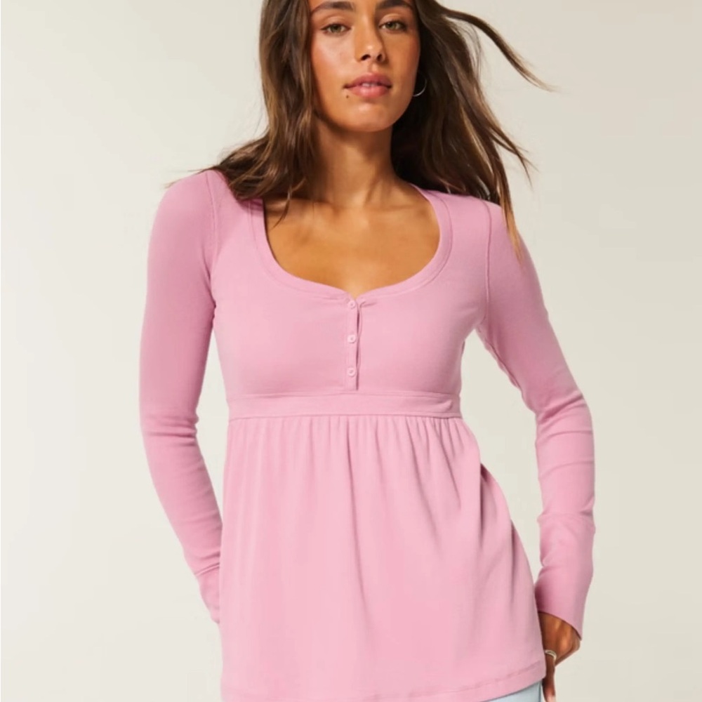 Hollister Women's Soft Pink Long Sleeve Babydoll Tie Back Top